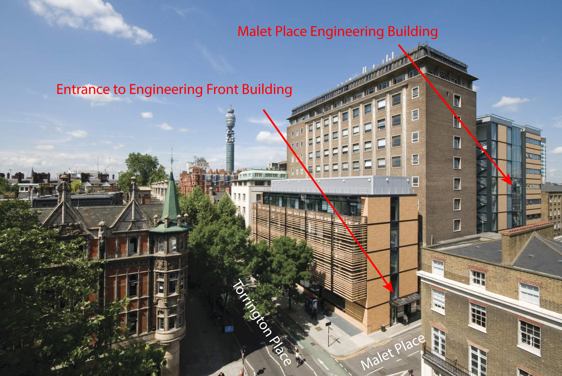 Directions to the Malet Place Engineering Building via the Engineering Front Building.