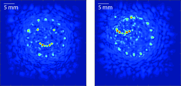 Image showing the ultrasound field from stackable holograms in two different positions.