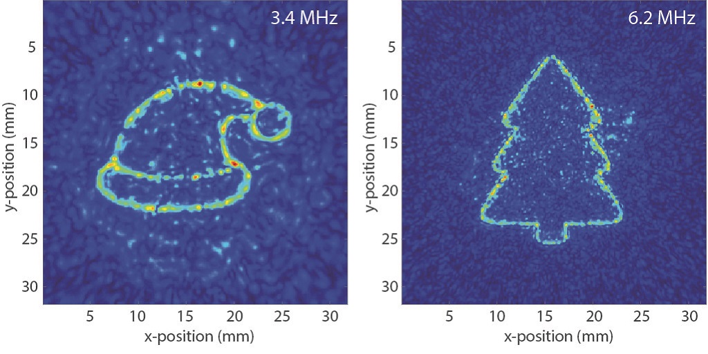 Image showing a multi-frequency hologram driven at two different frequencies producing an acoustic field in the shape of a Christmas hat and tree.