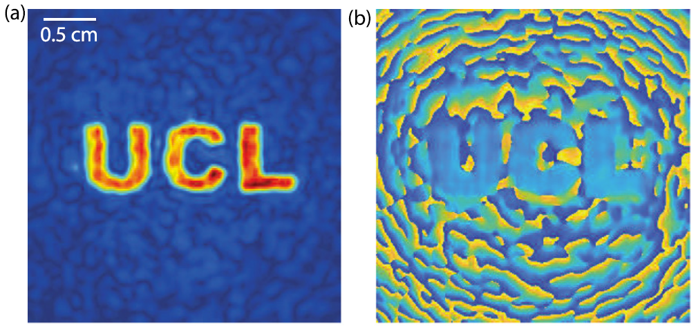 Image showing the amplitude and phase of an acoustic field in the shape of UCL generated using a hologram.
